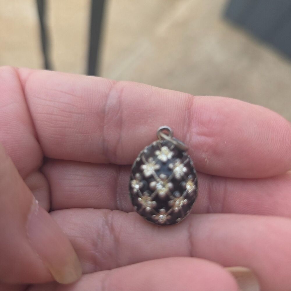 Vintage Faberge Style Black Enamel Egg Charm Tested Sterling Silver Crystal 3/4"